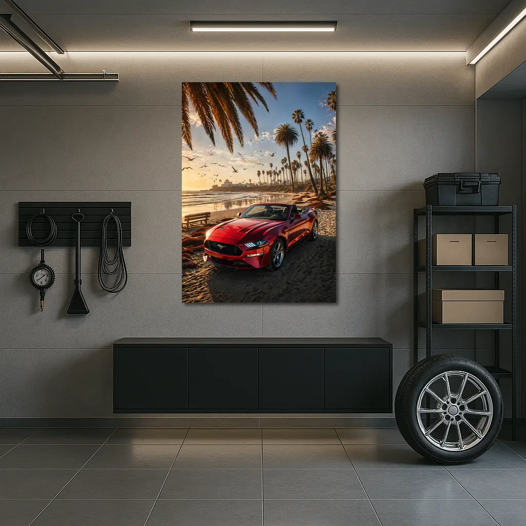 Ford Mustang Convertible Red Beach Sunset – Wall Art
