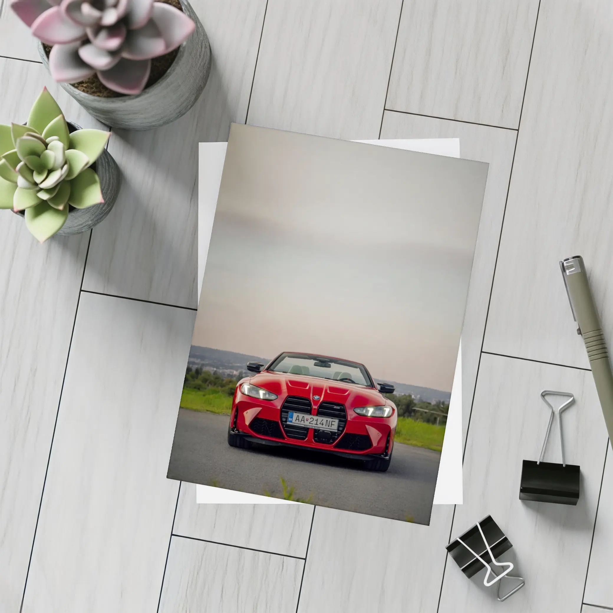 BMW M4 Competition Red Convertible Overcast Sky – Postcards