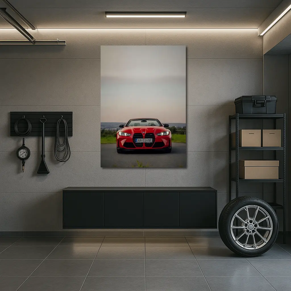 BMW M4 Competition Red Convertible Overcast Sky – Wall Art