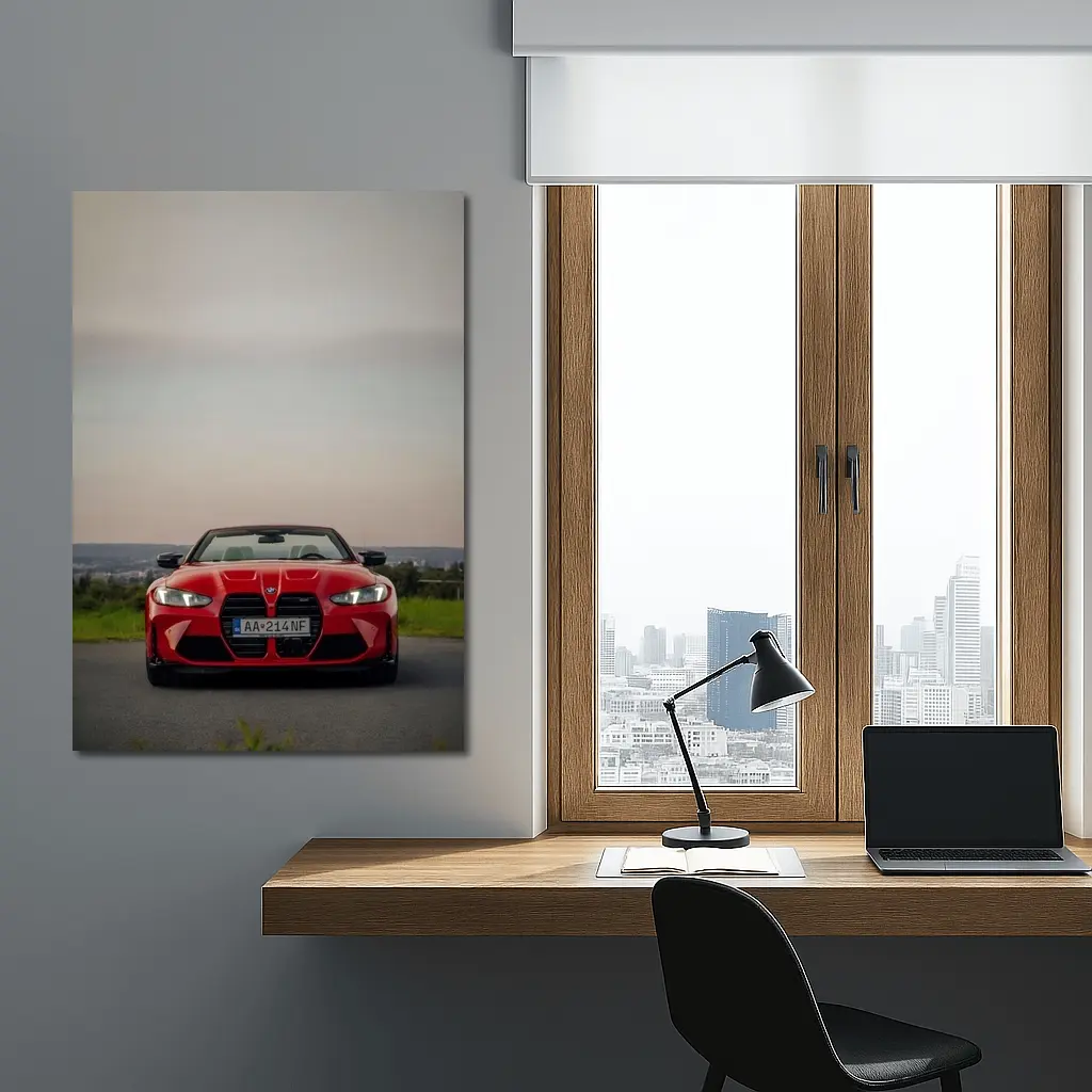 BMW M4 Competition Red Convertible Overcast Sky – Wall Art