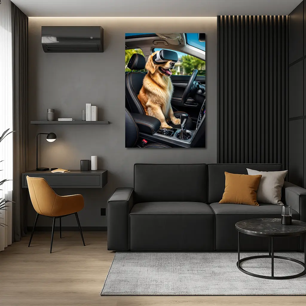 Golden Retriever Wearing VR Headset In Car – Wall Art