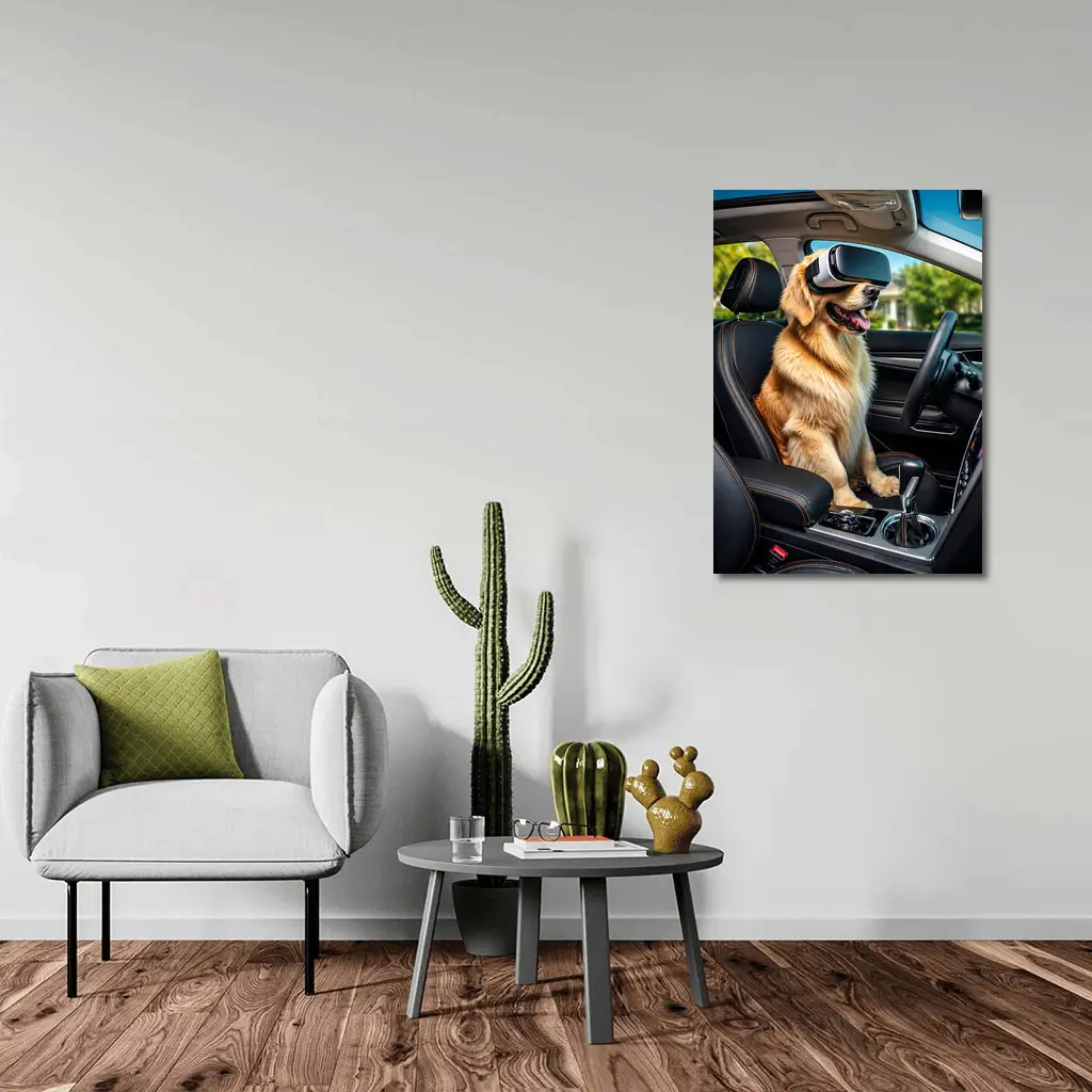 Golden Retriever Wearing VR Headset In Car – Wall Art