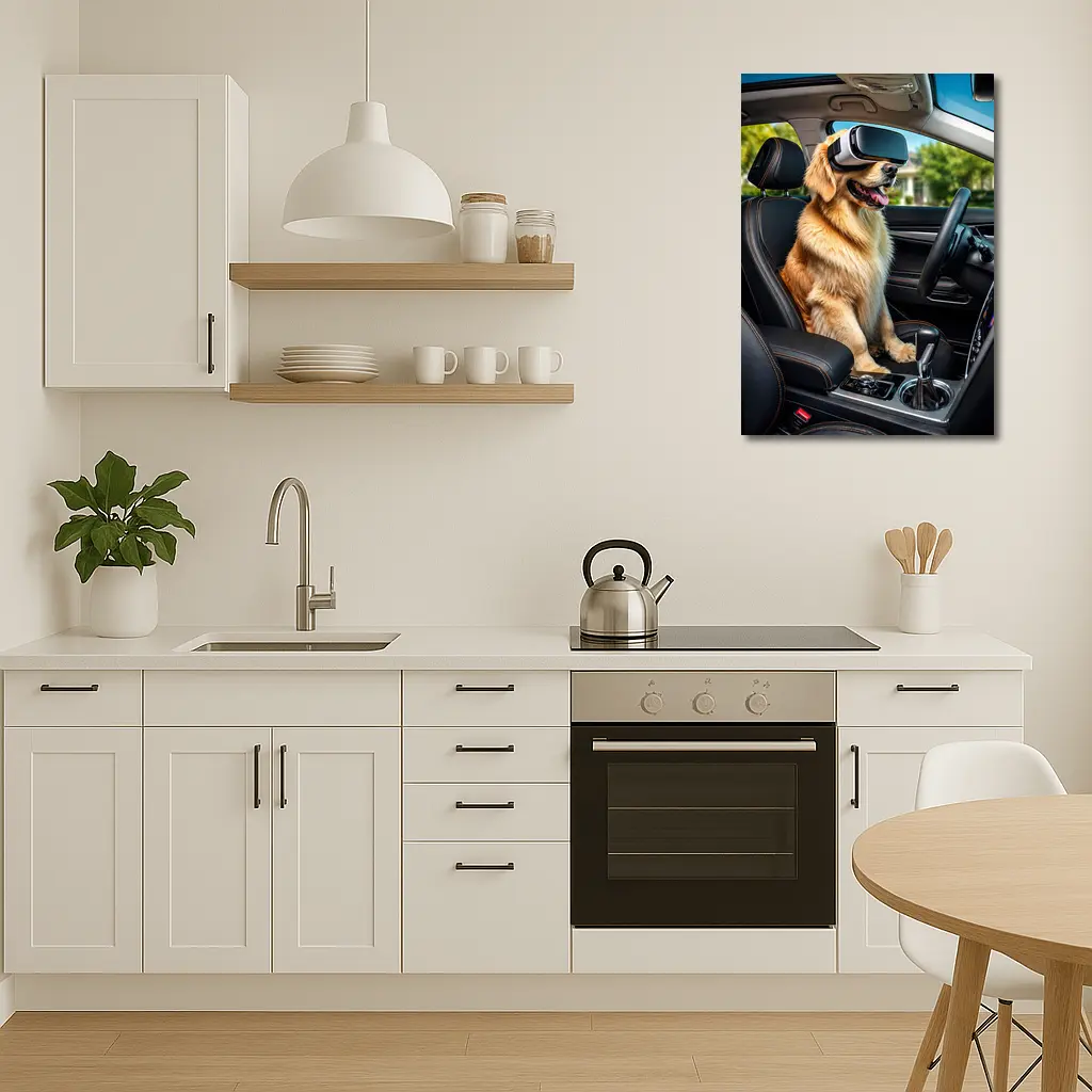 Golden Retriever Wearing VR Headset In Car – Wall Art