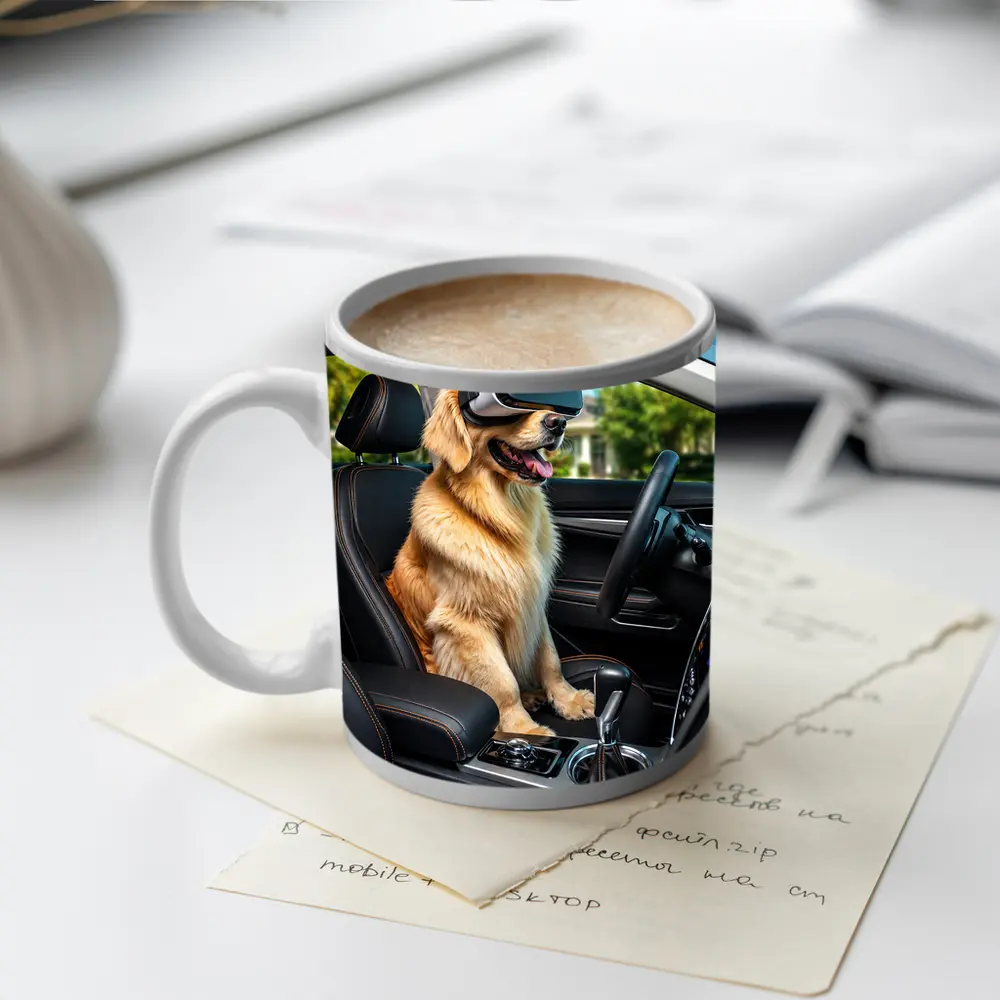 Golden Retriever Wearing VR Headset In Car – Mugs