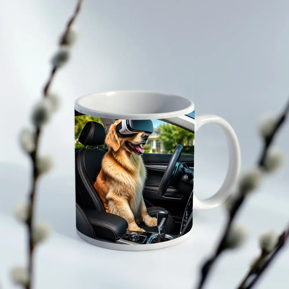 Golden Retriever Wearing VR Headset In Car – Mugs