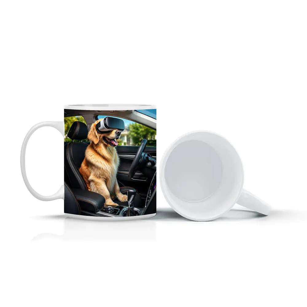 Golden Retriever Wearing VR Headset In Car – Mugs