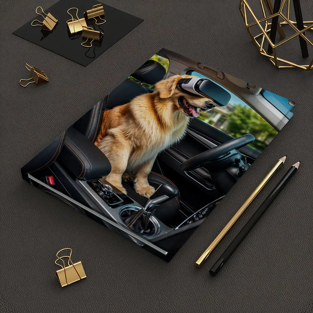 Golden Retriever Wearing VR Headset In Car – Notebooks