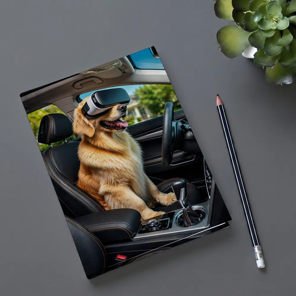 Golden Retriever Wearing VR Headset In Car – Notebooks
