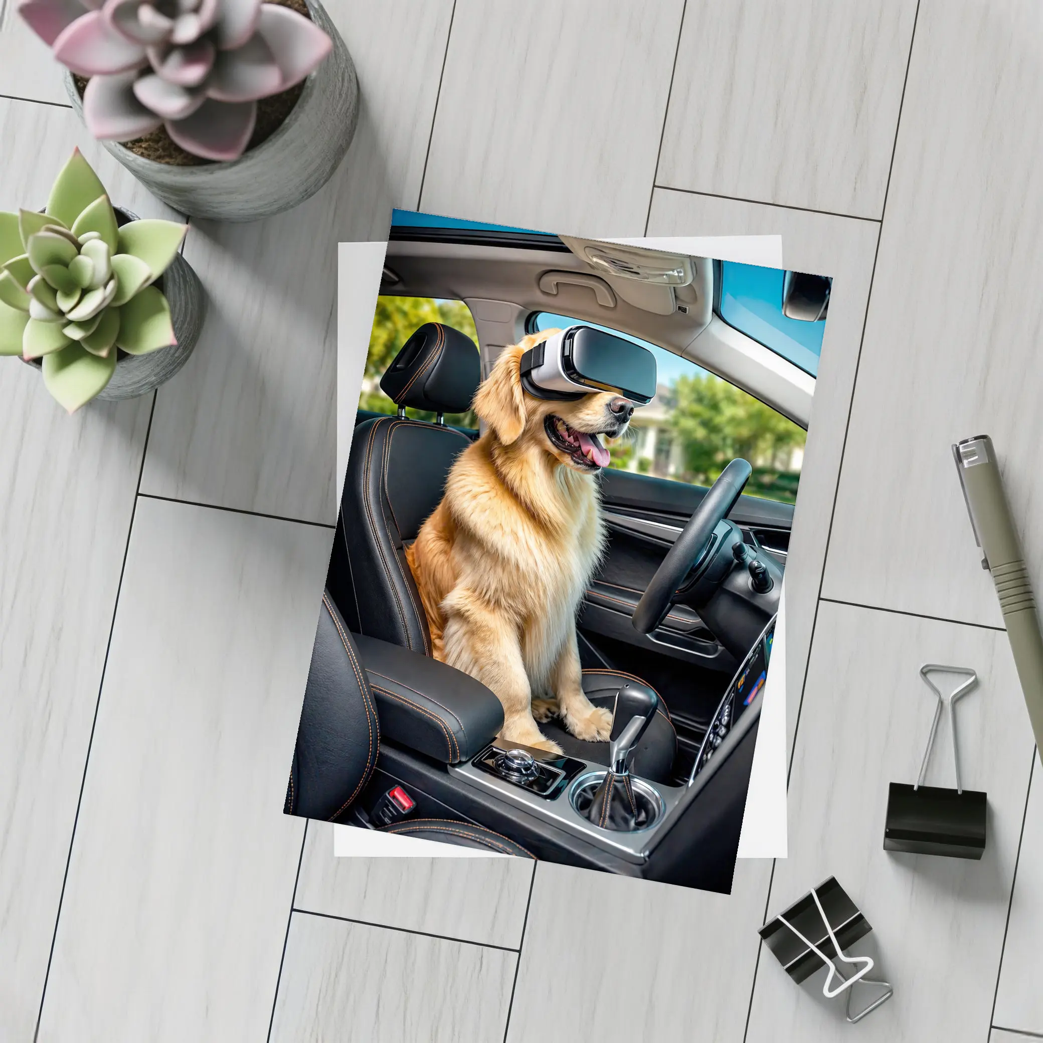 Golden Retriever Wearing VR Headset In Car – Postcards