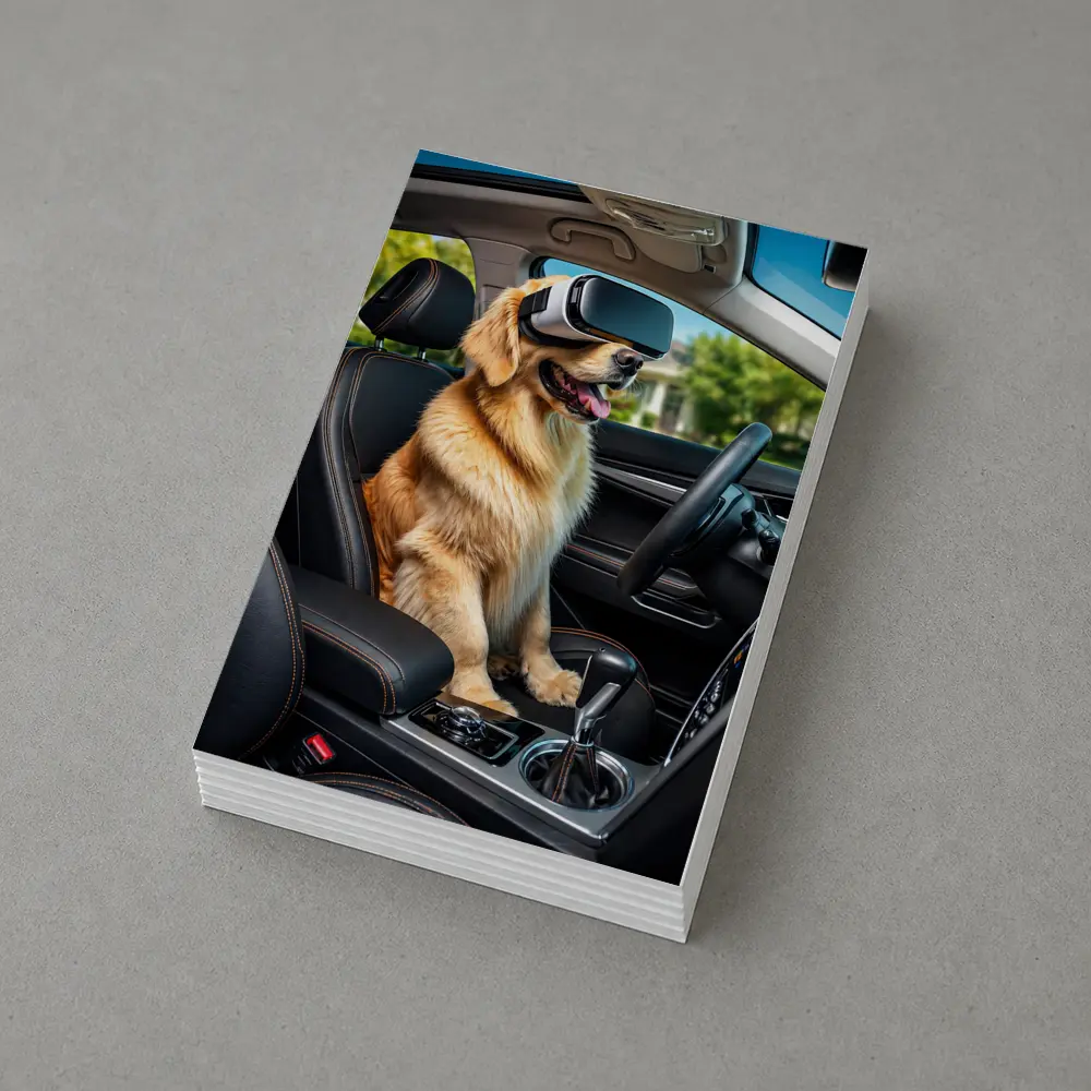 Golden Retriever Wearing VR Headset In Car – Postcards