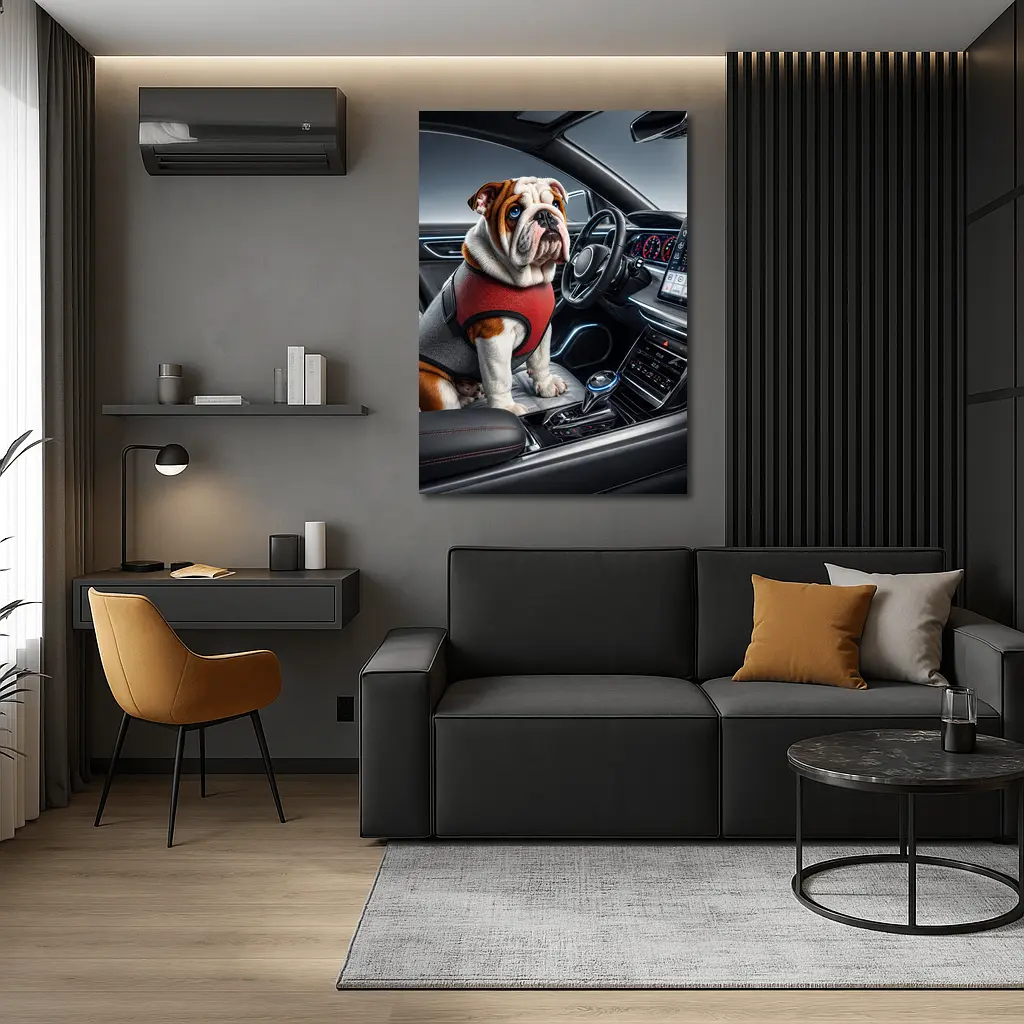 English Bulldog Sitting Inside Modern Car Interior – Wall Art