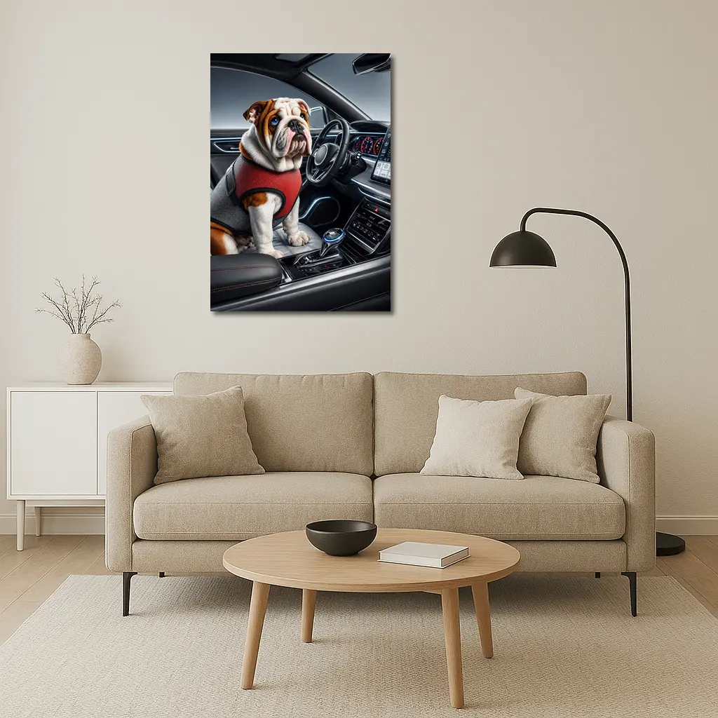 English Bulldog Sitting Inside Modern Car Interior – Wall Art