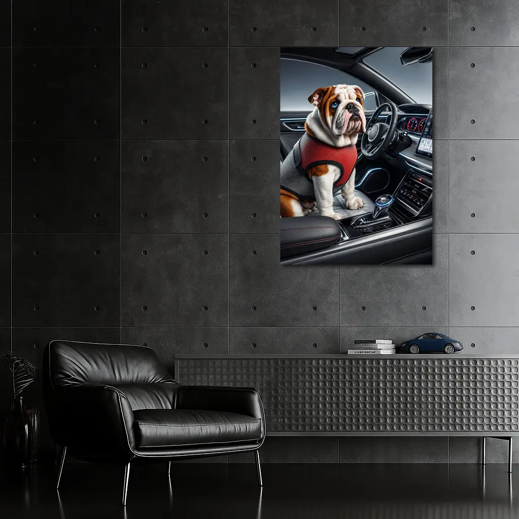 English Bulldog Sitting Inside Modern Car Interior – Wall Art