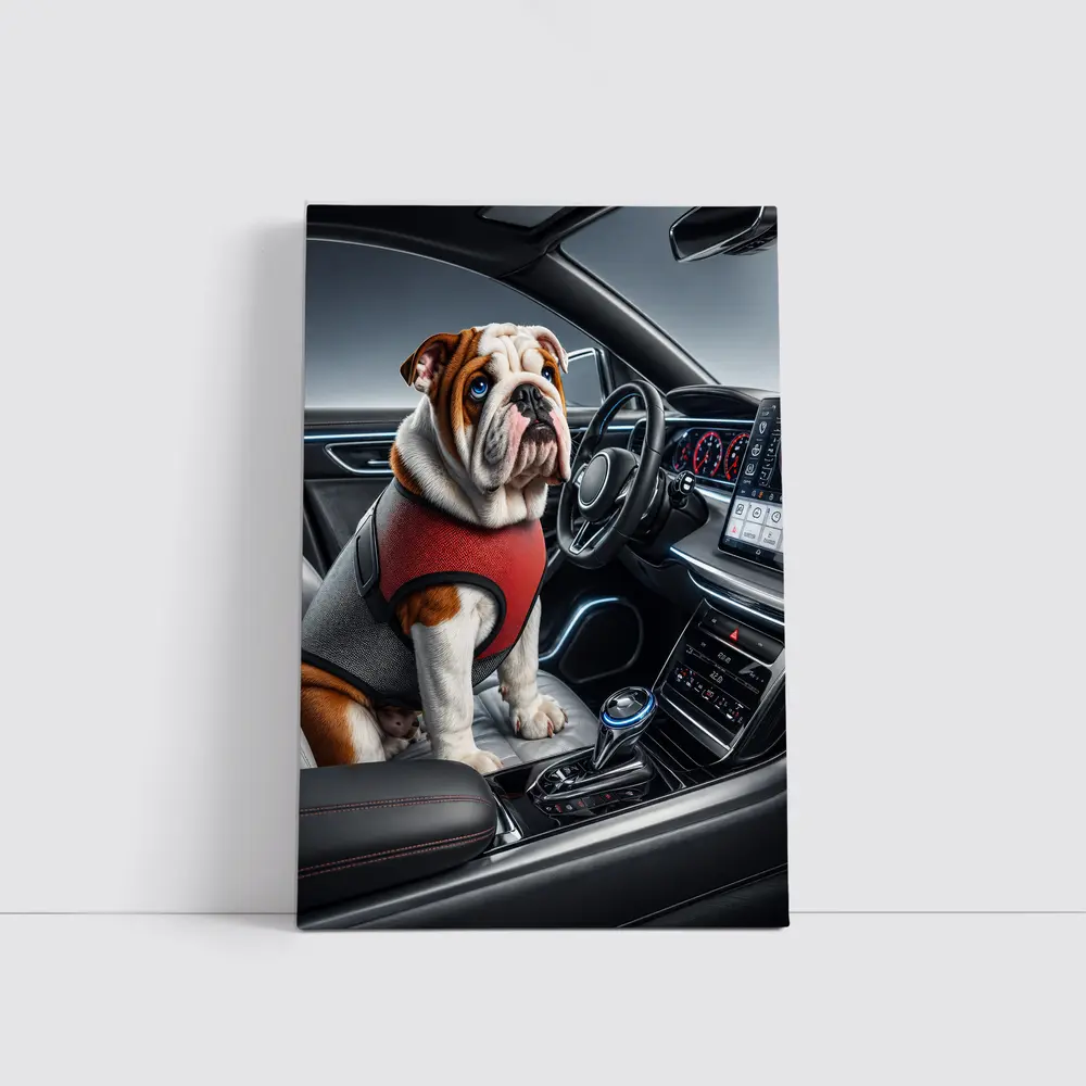 English Bulldog Sitting Inside Modern Car Interior – Wall Art