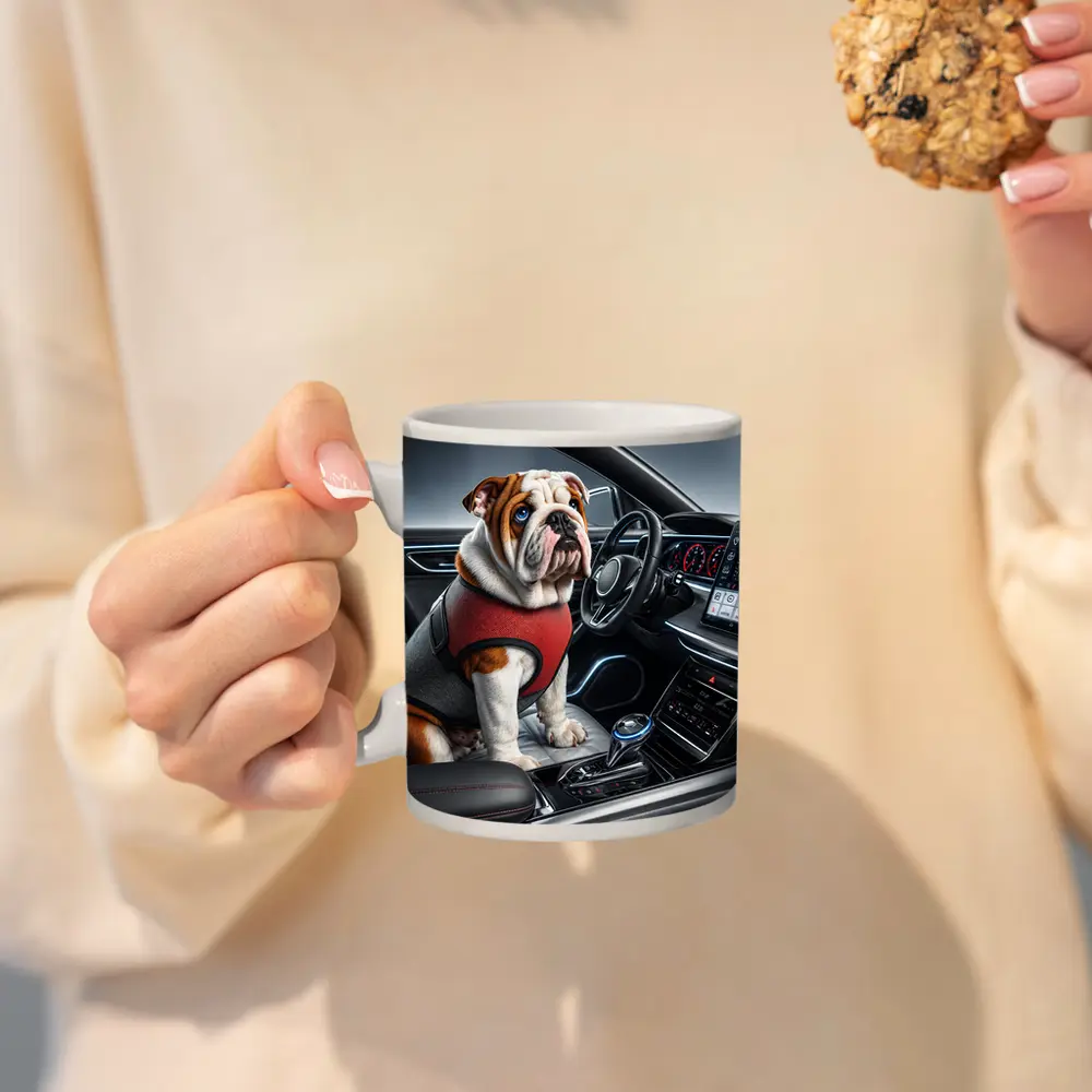 English Bulldog Sitting Inside Modern Car Interior – Mugs