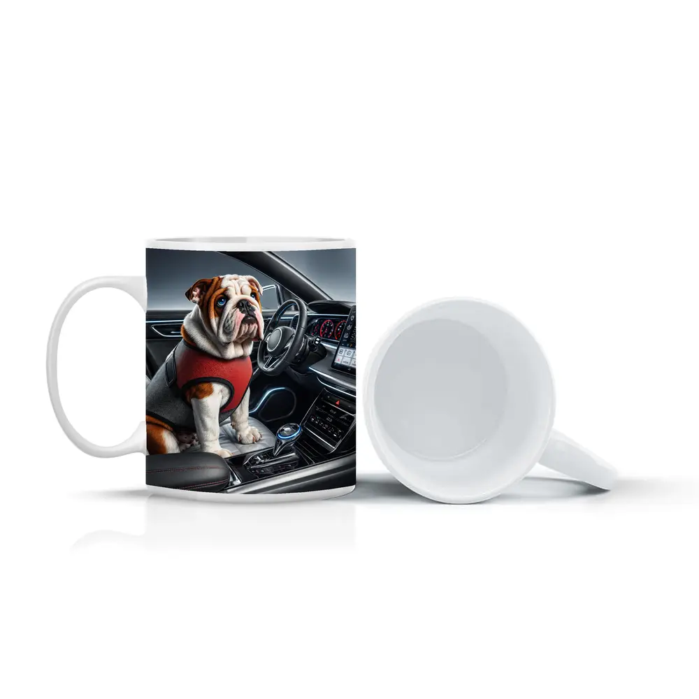 English Bulldog Sitting Inside Modern Car Interior – Mugs