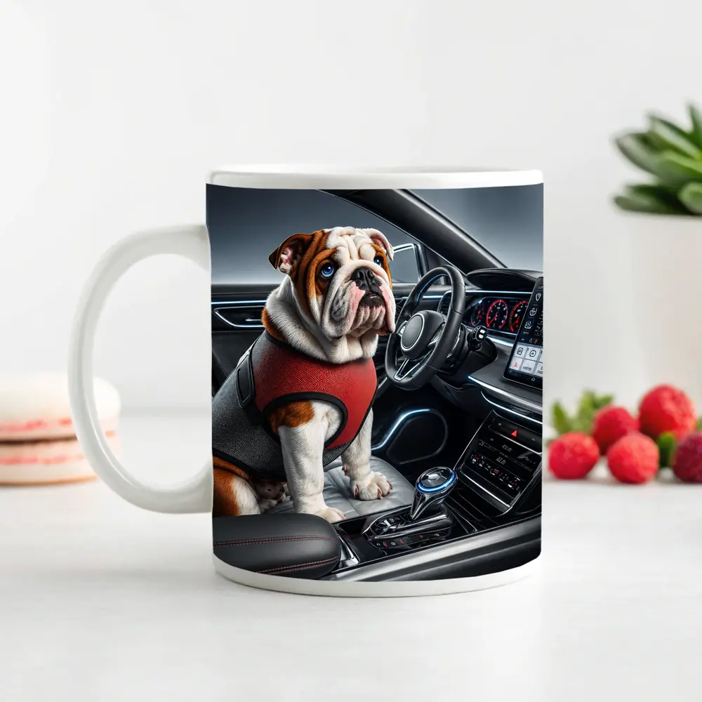 English Bulldog Sitting Inside Modern Car Interior – Mugs