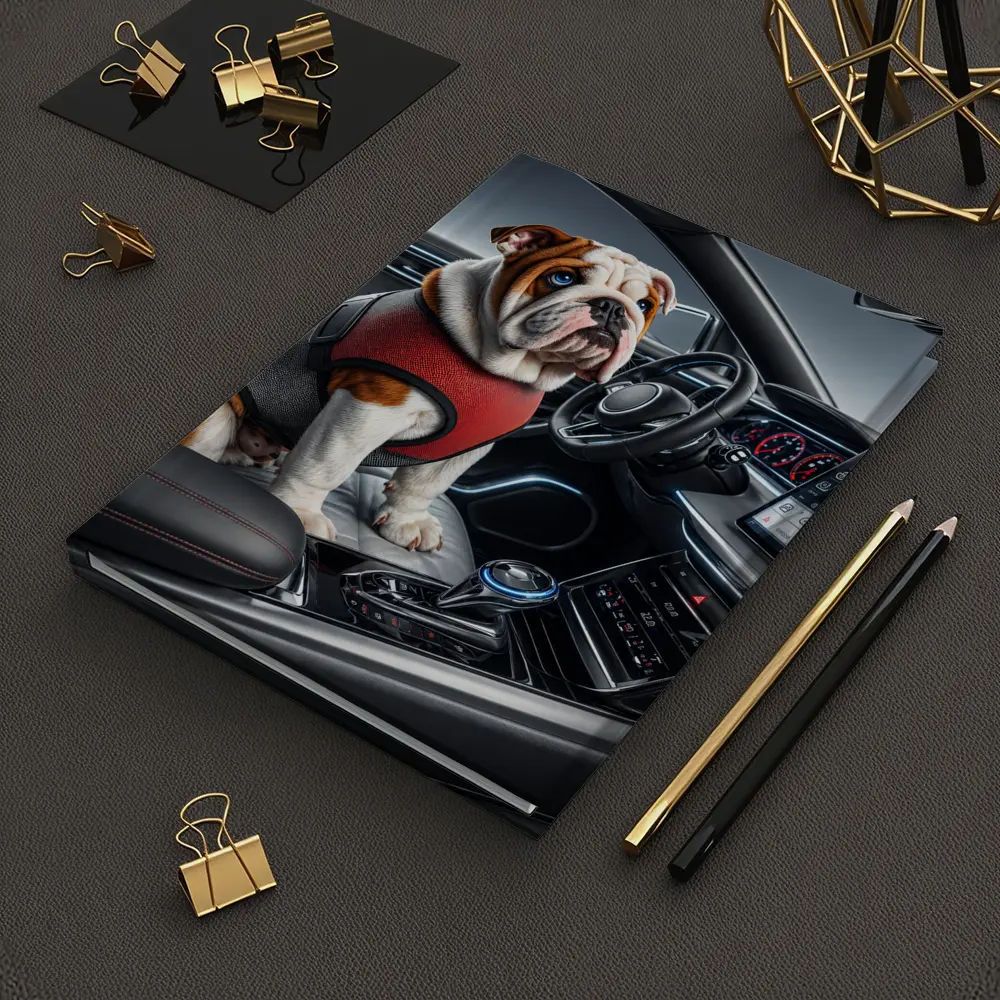 English Bulldog Sitting Inside Modern Car Interior – Notebooks