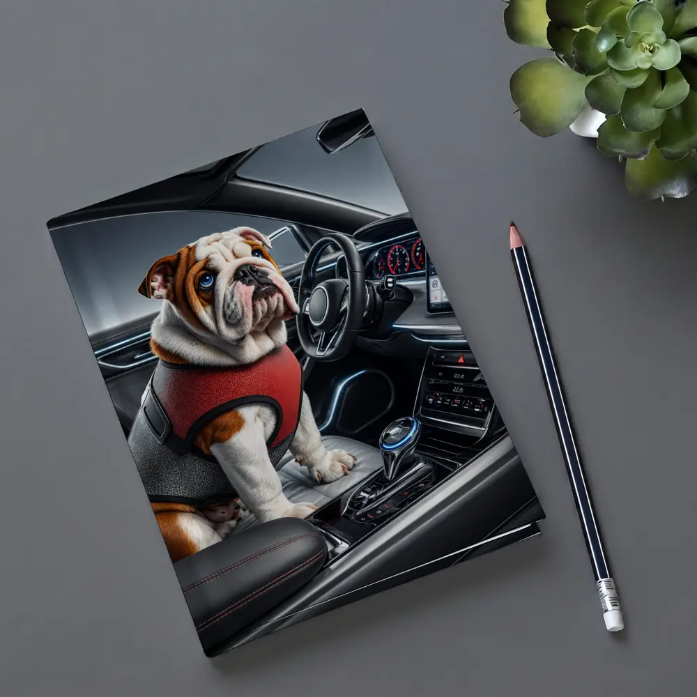 English Bulldog Sitting Inside Modern Car Interior – Notebooks