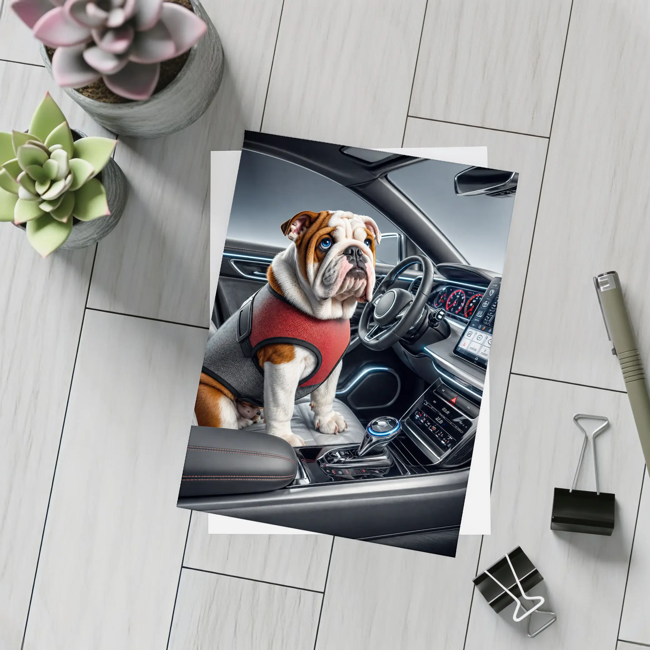 English Bulldog Sitting Inside Modern Car Interior – Postcards