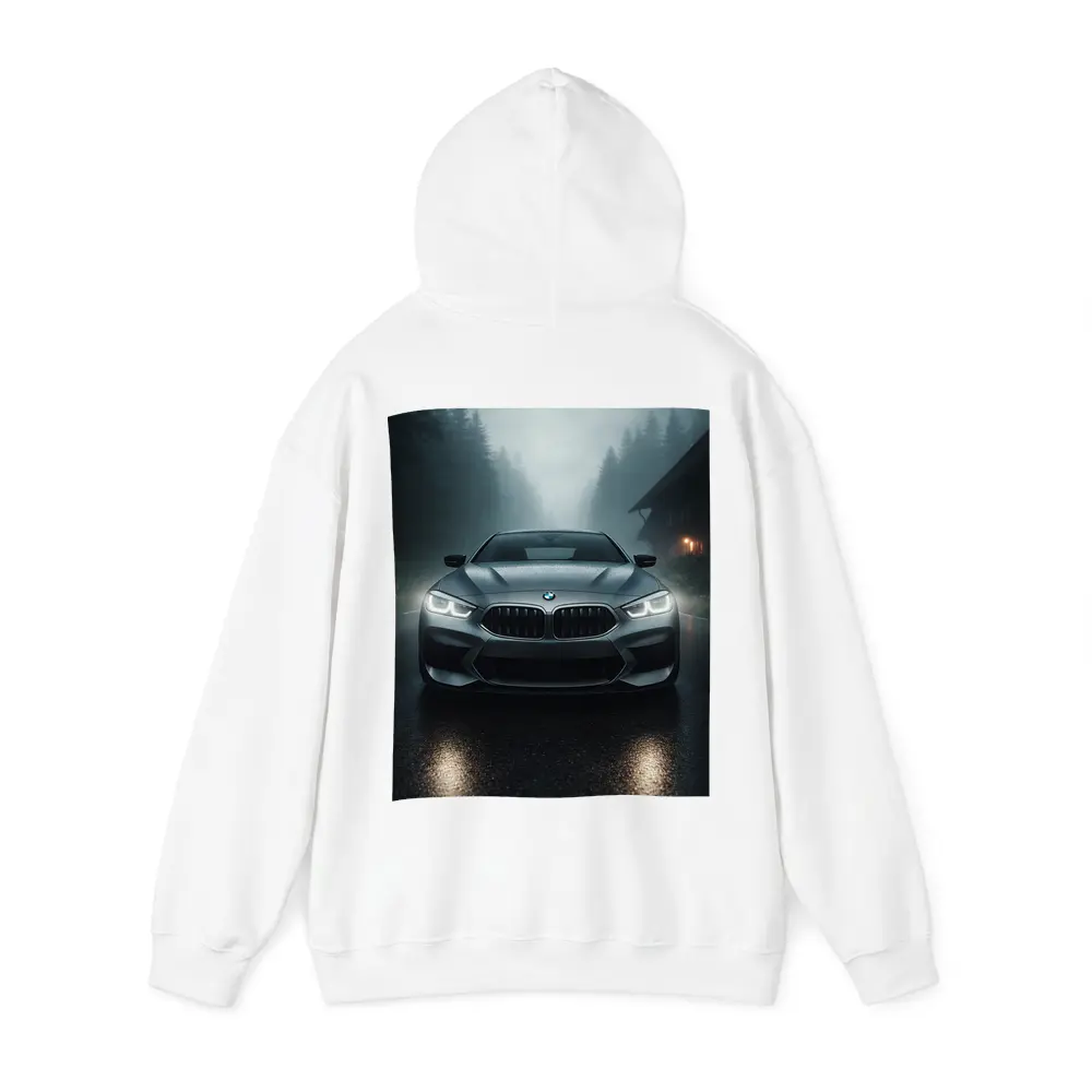 BMW M8 Front View Misty Forest Road – Hoodies