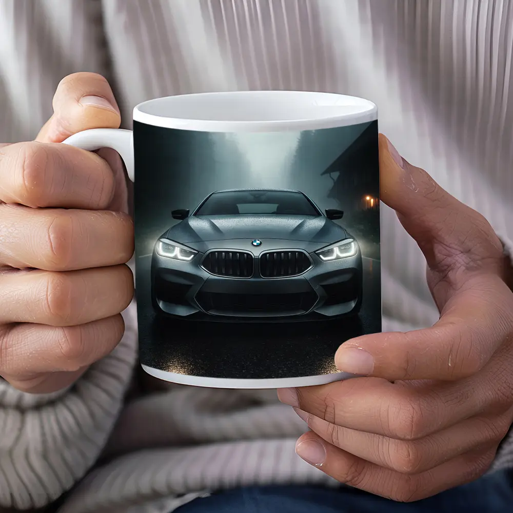 BMW M8 Front View Misty Forest Road – Mugs
