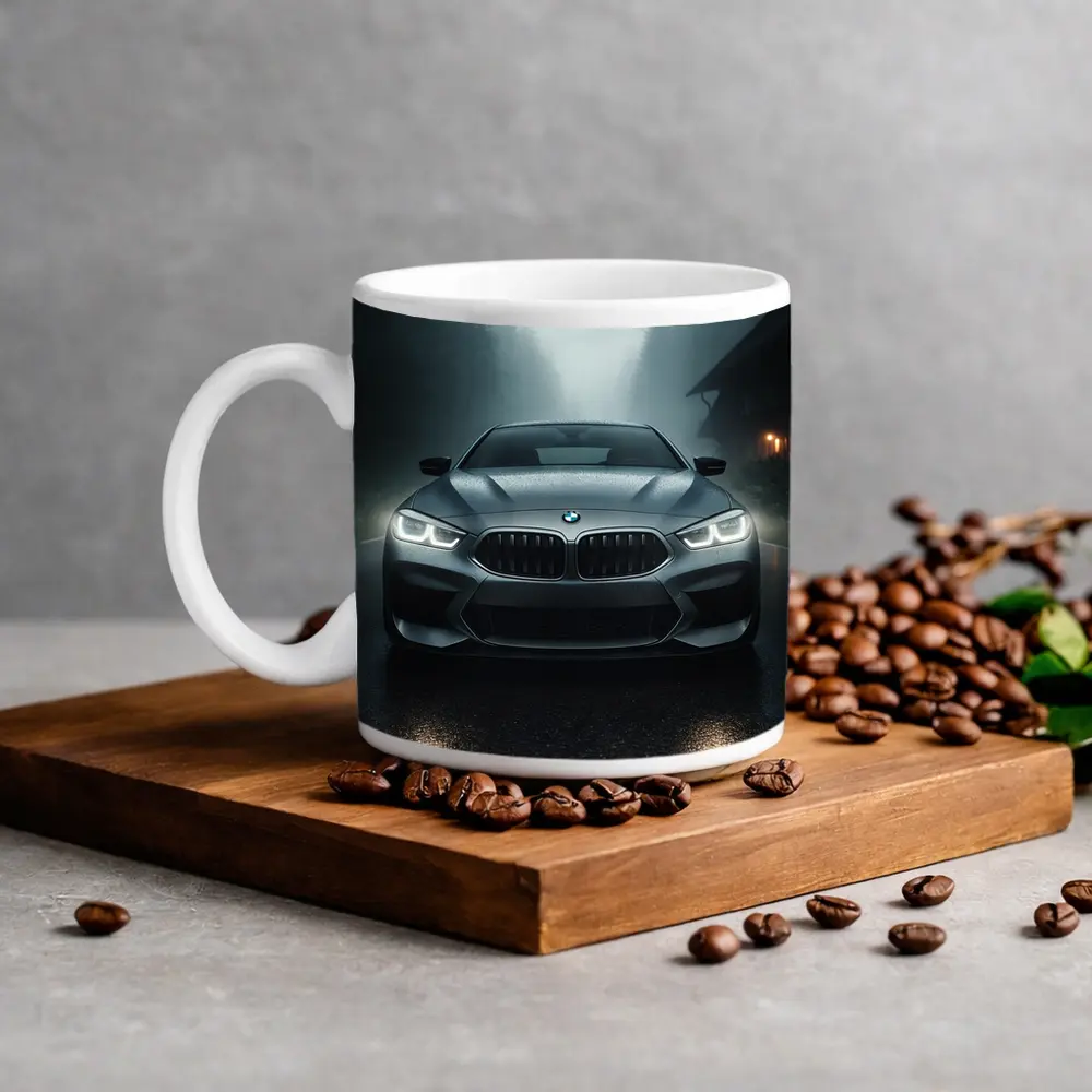 BMW M8 Front View Misty Forest Road – Mugs