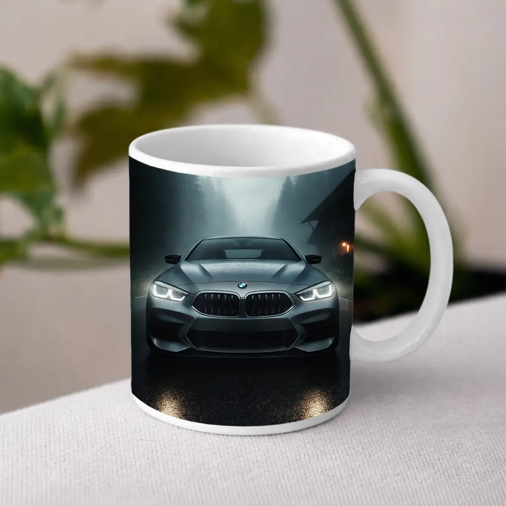 BMW M8 Front View Misty Forest Road – Mugs