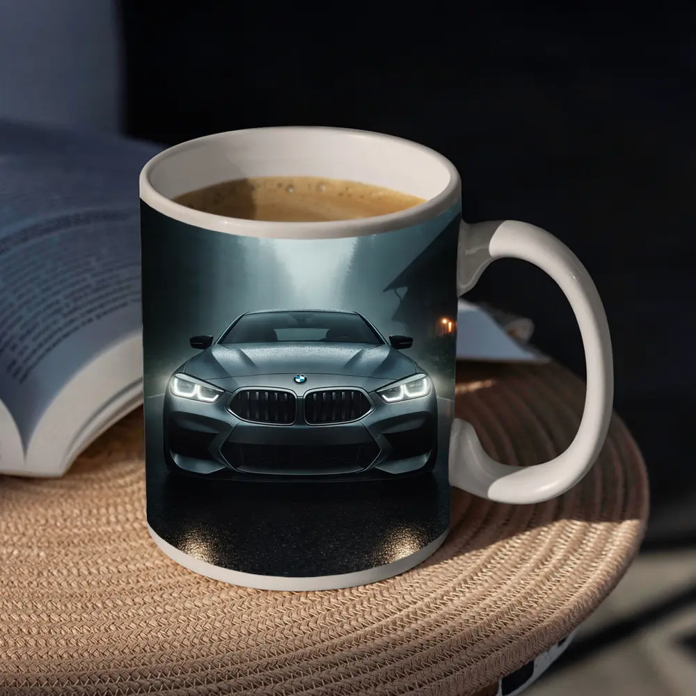 BMW M8 Front View Misty Forest Road – Mugs