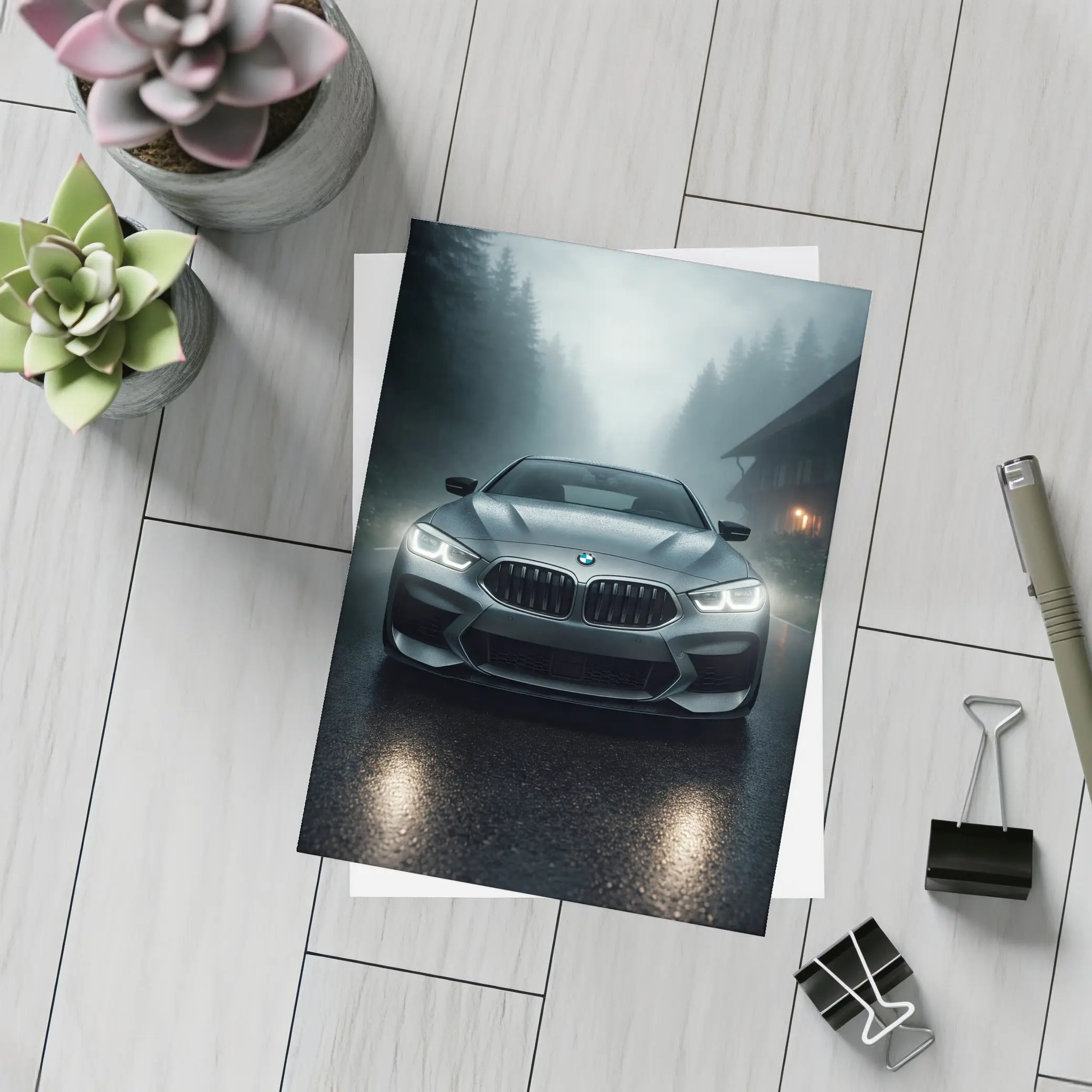 BMW M8 Front View Misty Forest Road – Postcards