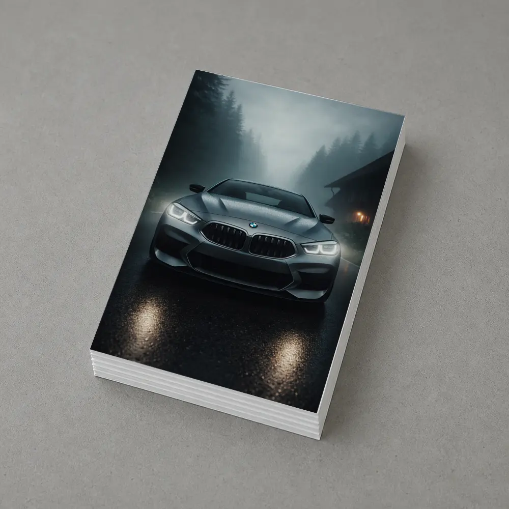 BMW M8 Front View Misty Forest Road – Postcards
