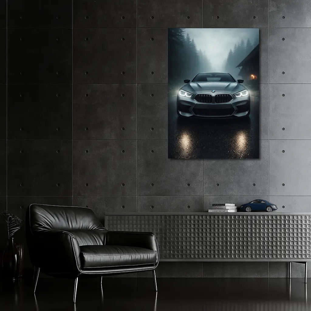 BMW M8 Front View Misty Forest Road – Wall Art