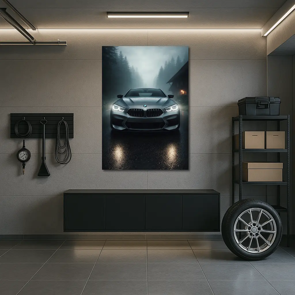 BMW M8 Front View Misty Forest Road – Wall Art