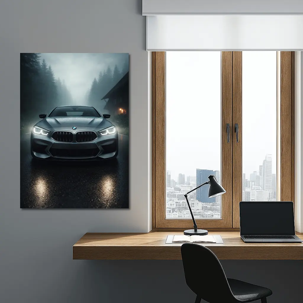 BMW M8 Front View Misty Forest Road – Wall Art