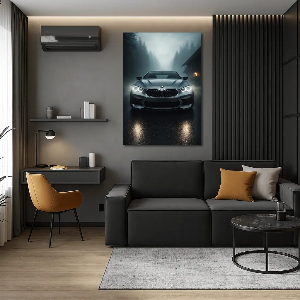 BMW M8 Front View Misty Forest Road – Wall Art