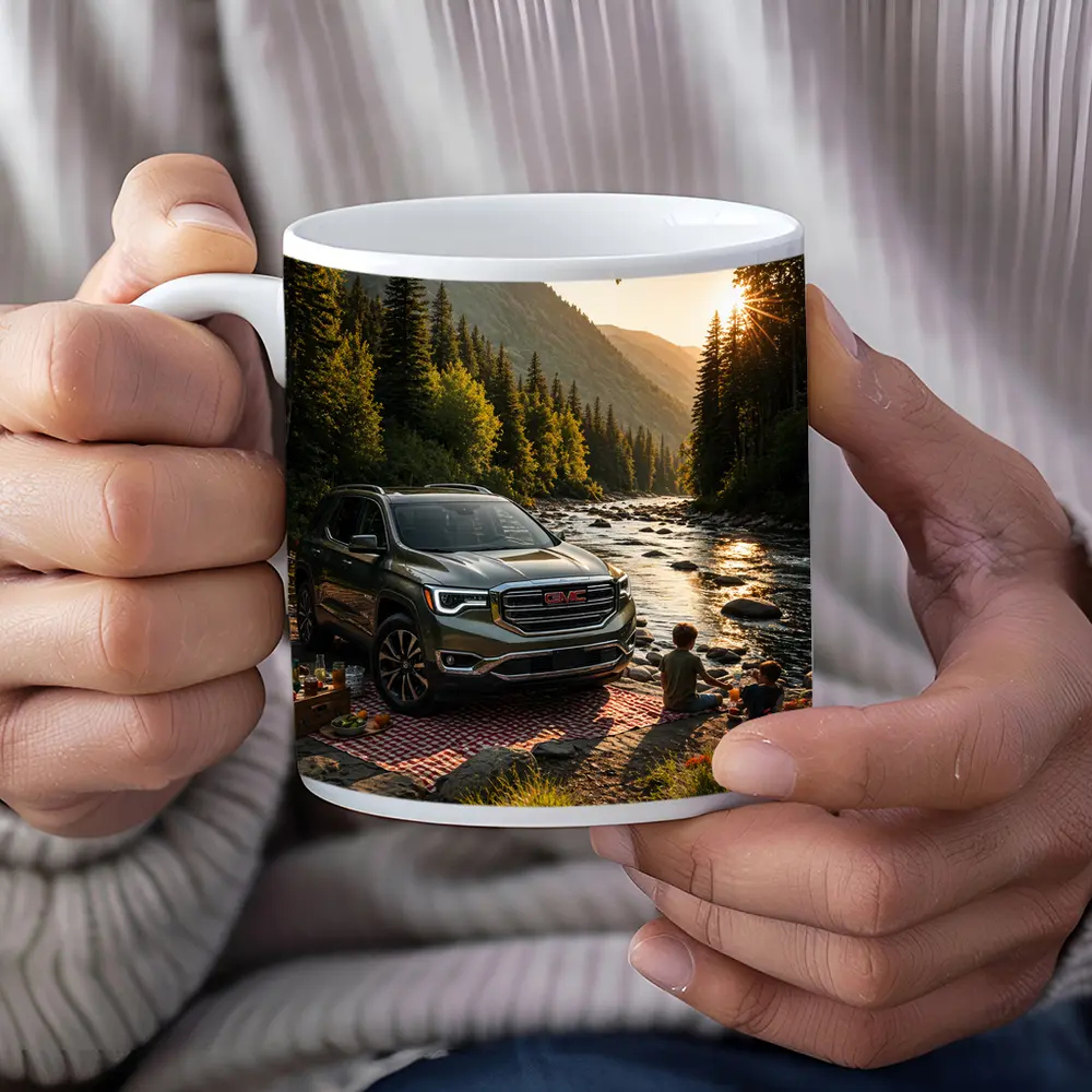 GMC Acadia Parked by Mountain River – Mugs