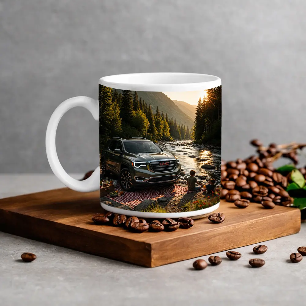 GMC Acadia Parked by Mountain River – Mugs