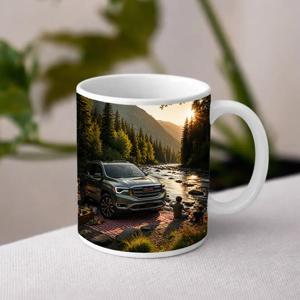 GMC Acadia Parked by Mountain River – Mugs
