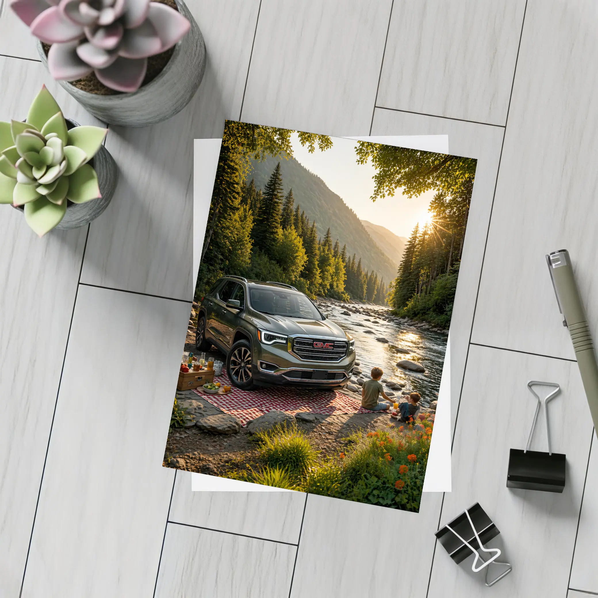 GMC Acadia Parked by Mountain River – Postcards