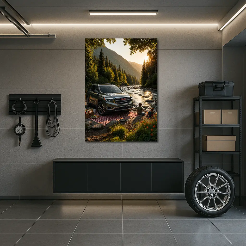 GMC Acadia Parked by Mountain River – Wall Art