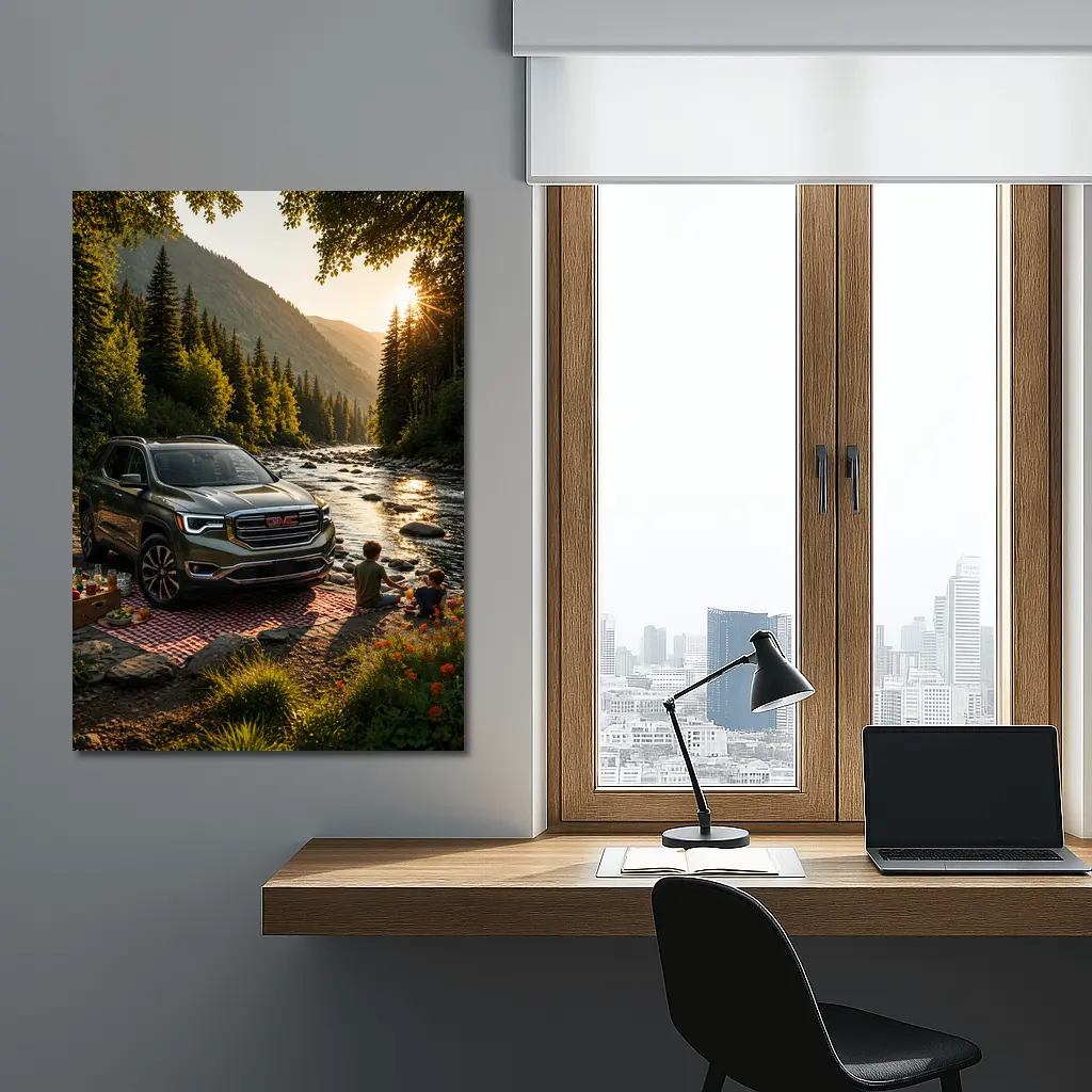 GMC Acadia Parked by Mountain River – Wall Art