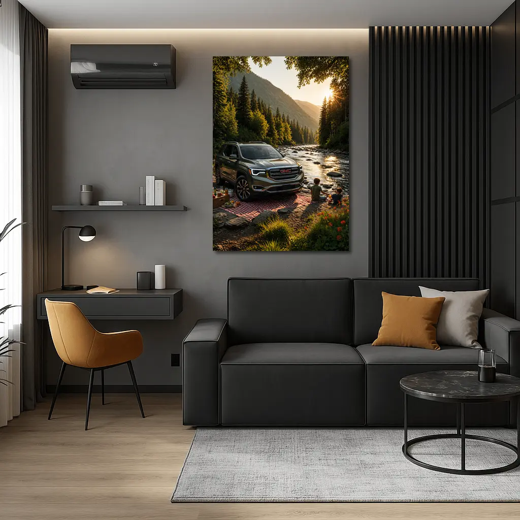 GMC Acadia Parked by Mountain River – Wall Art