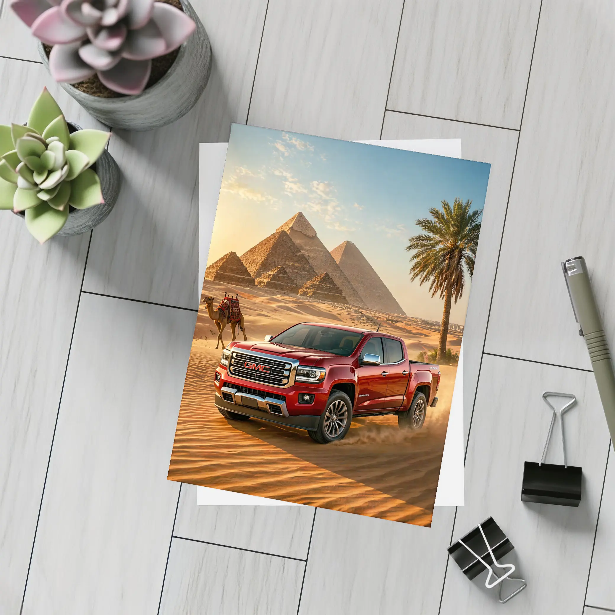 GMC Canyon Red Truck Egyptian Pyramids Desert – Postcards