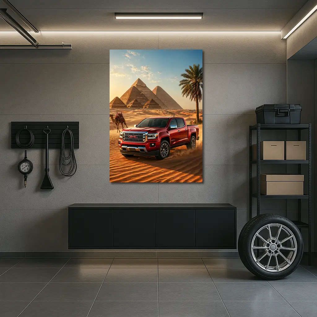 GMC Canyon Red Truck Egyptian Pyramids Desert – Wall Art