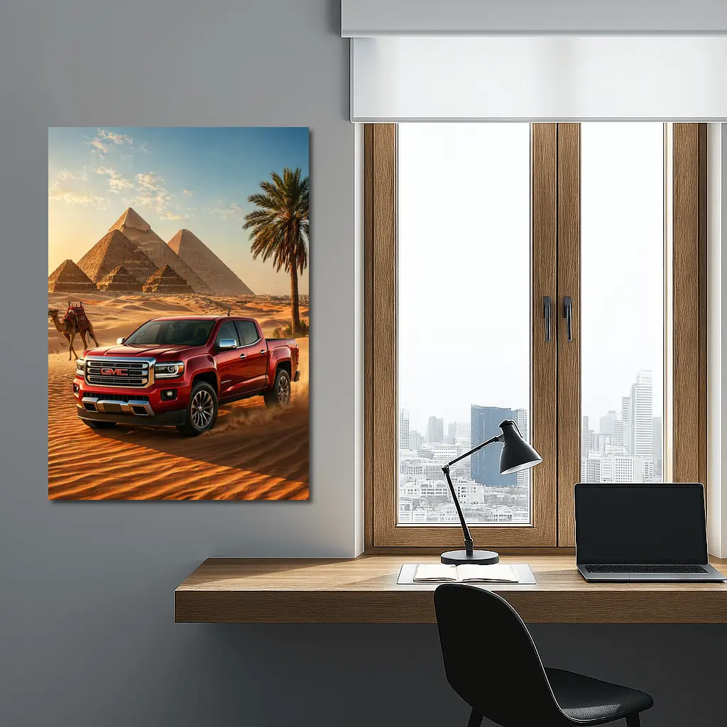 GMC Canyon Red Truck Egyptian Pyramids Desert – Wall Art