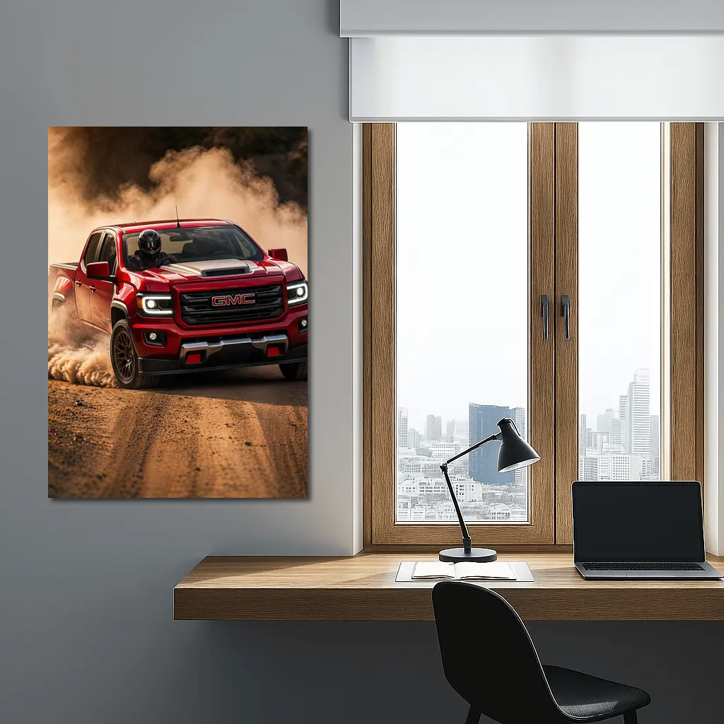GMC Canyon Red Truck Dirt Road Drift – Wall Art