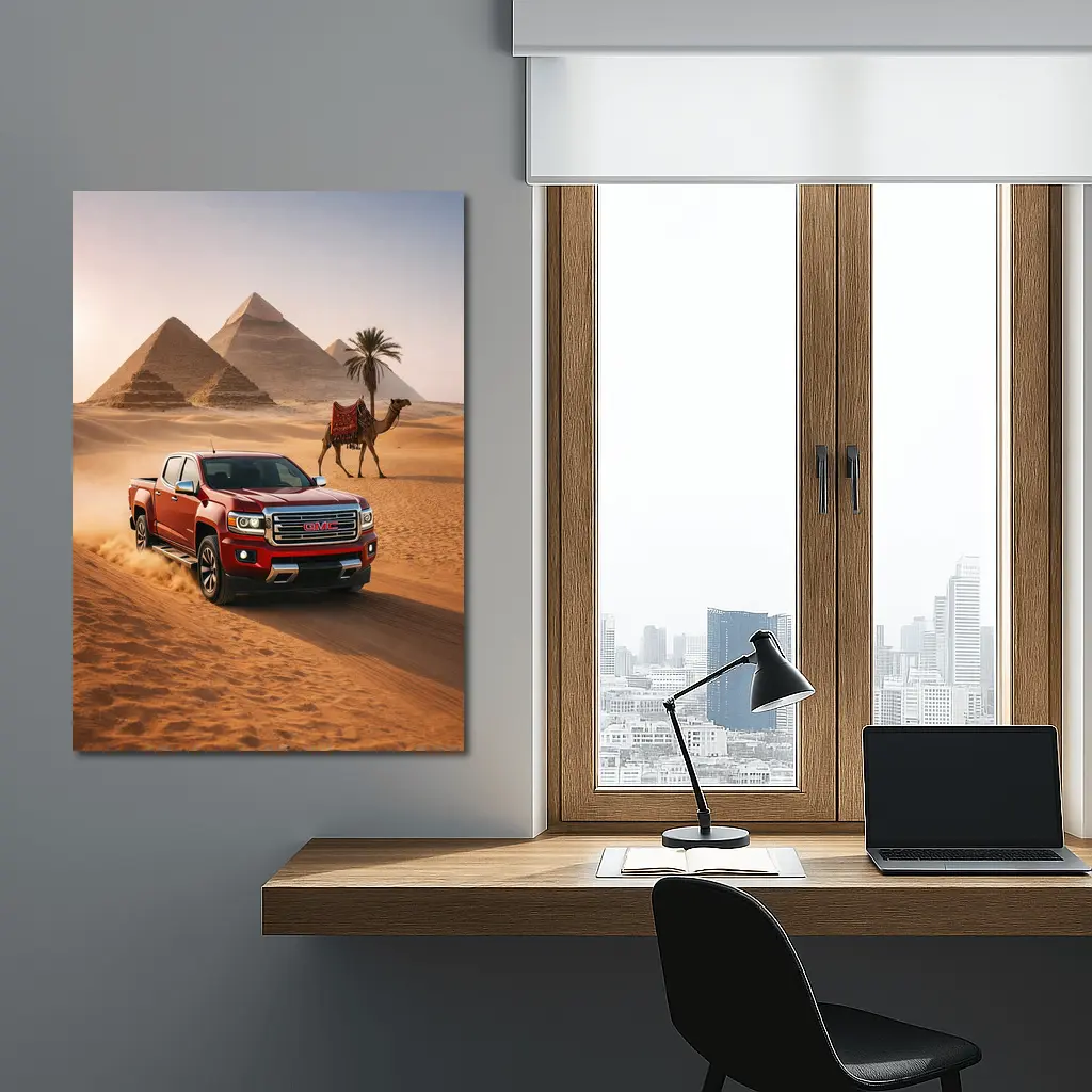 GMC Canyon Red Truck Egypt Pyramids Desert – Wall Art