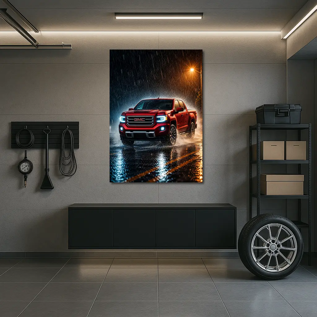 GMC Canyon Red Truck Driving in Rain – Wall Art