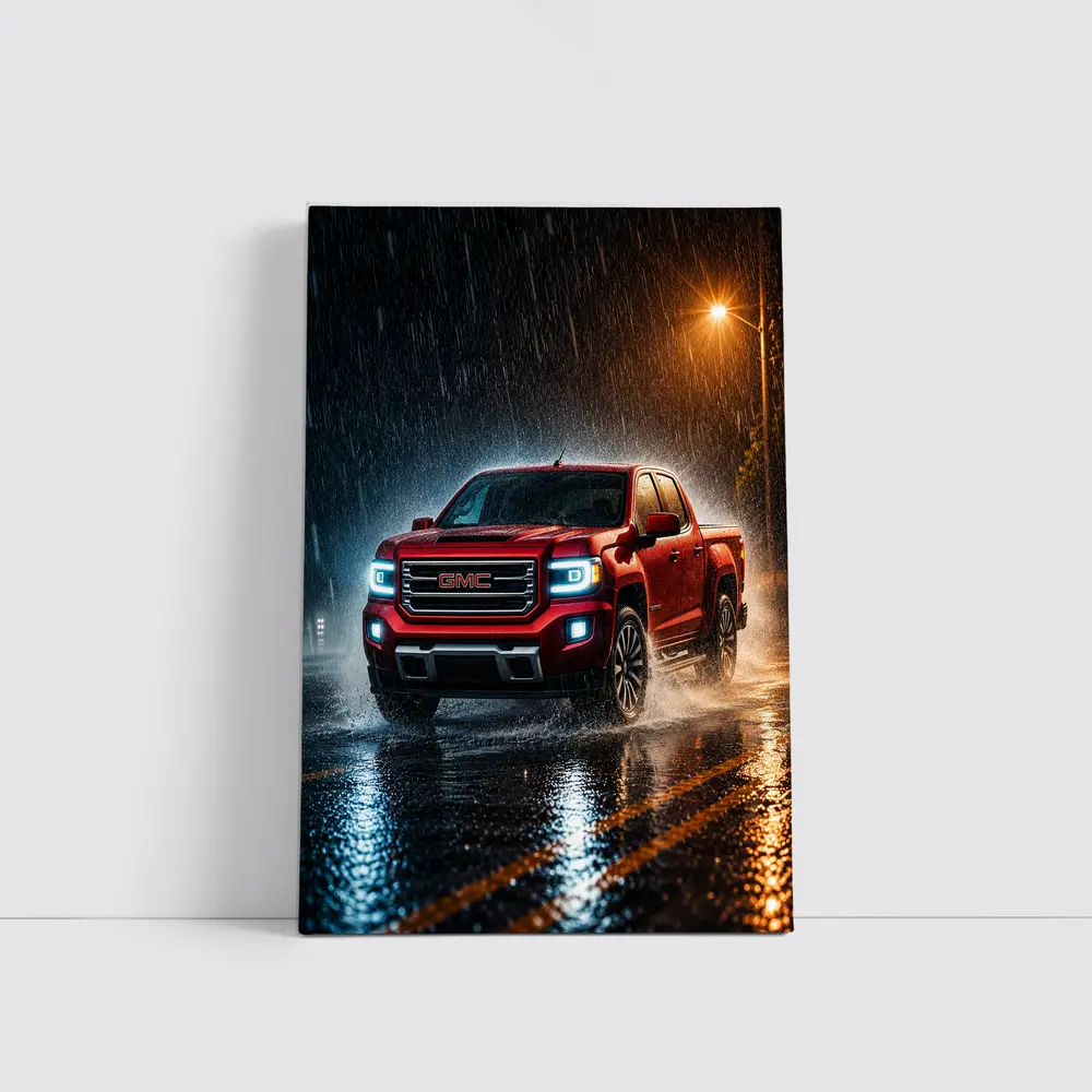 GMC Canyon Red Truck Driving in Rain – Wall Art