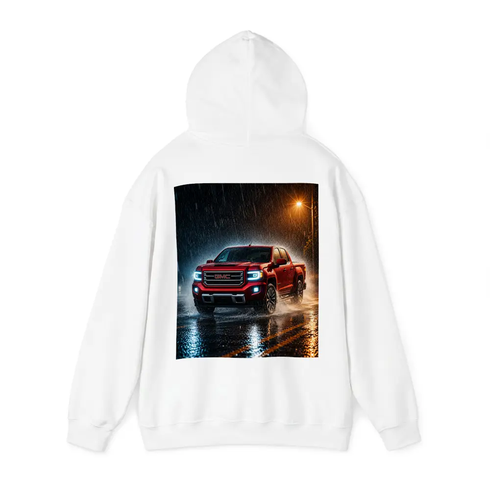 GMC Canyon Red Truck Driving in Rain – Hoodies